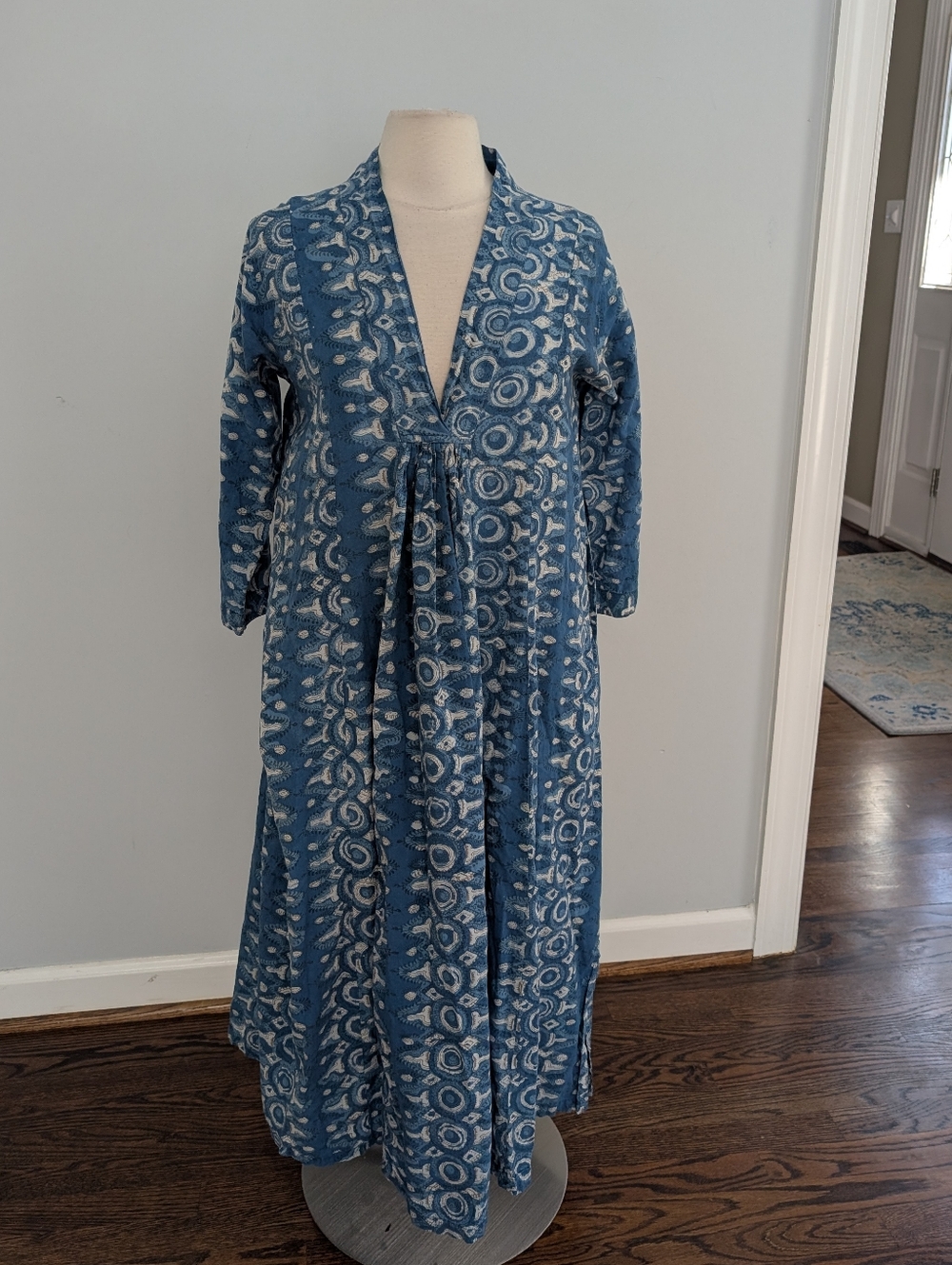 Women's Bellero Pooja Dress Medium Block Print Dusty Blue Maxi Oversized Flowy